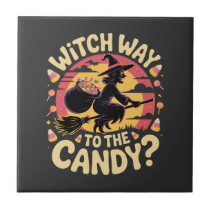 Azulejo De Cerâmica Camiseta de Halloween Bruxa Caminho para o Doce