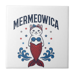 Azulejo De Cerâmica Camiseta de sereia de gato patriota Mermeowica Des