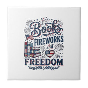 Azulejo De Cerâmica Camiseta Leitor Patriótico Livros Fogos de Artifíc