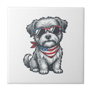 Azulejo De Cerâmica Camiseta Patriótica de Cachorro Desgrenhado com Gr