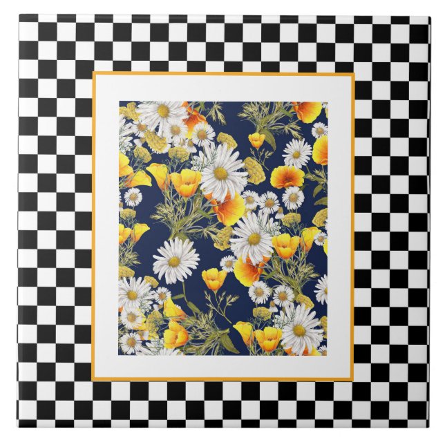 Azulejo De Cerâmica Camomiles Poppies e Checkerboard (Frente)