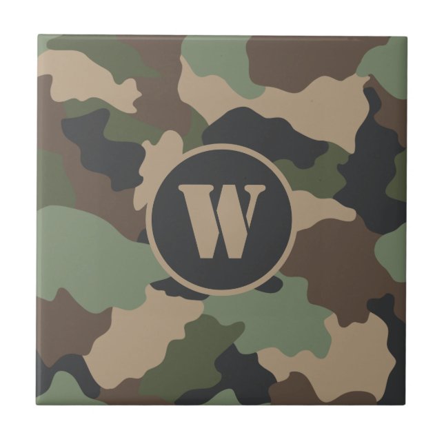 Azulejo De Cerâmica Camouflage Woodland Camo Khaki Tan Black Monograma (Frente)