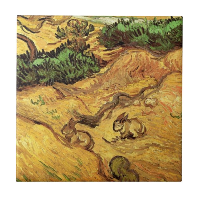 Azulejo De Cerâmica Campo com dois coelhos por Vincent van Gogh (Frente)