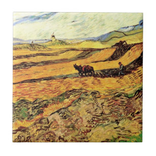 Azulejo De Cerâmica Campo com Plowman e Mill por Vincent van Gogh