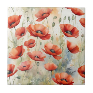 Azulejo De Cerâmica Campo de Aquarela Vibrante de Poppies Selvagens em