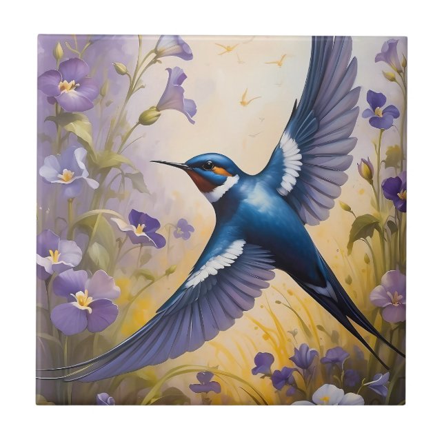 Azulejo De Cerâmica Campo de Engorda Voadora de Flores Violetas (Frente)
