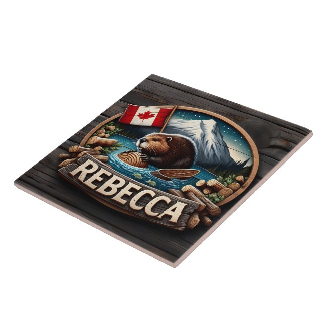 Azulejo De Cerâmica Canadian Beaver Holding Log by Canadian Flag (Lateral)