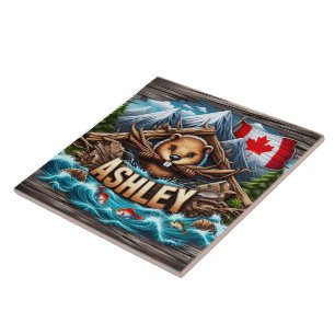 Azulejo De Cerâmica Canadiano Beaver Holding Branches por Riverbank