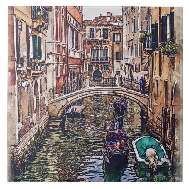 Azulejo De Cerâmica Canal de Veneza com casas e gondola. Itália. (Frente)