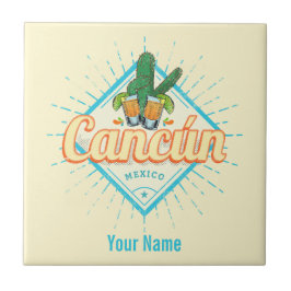 Azulejo De Cerâmica Cancun México Dançando Cactus Vintage Tequila