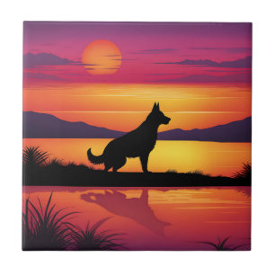Azulejo De Cerâmica Canina Silhueta no Sunset