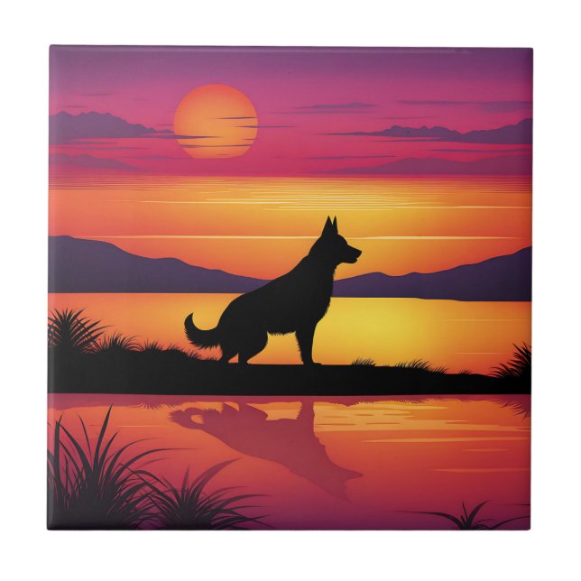 Azulejo De Cerâmica Canina Silhueta no Sunset (Frente)