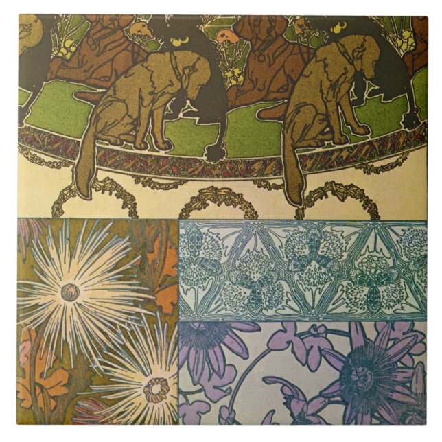 Azulejo De Cerâmica Caninos e Flores de Art Nouveau Style, Mucha (Frente)