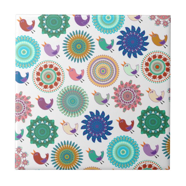 Azulejo De Cerâmica Cantando Pássaro e Mandala - Padrão de Arte Folk (Frente)
