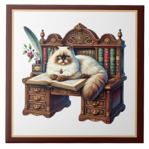 Azulejo De Cerâmica Cantinho de leitura de gato fofo biblioteca amante