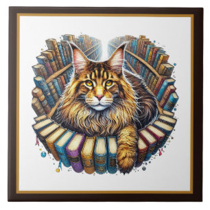 Azulejo De Cerâmica Cantinho de leitura de gato fofo biblioteca amante