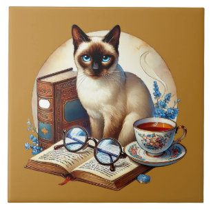 Azulejo De Cerâmica Cantinho de leitura de gato fofo biblioteca amante