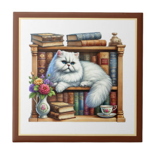 Azulejo De Cerâmica Cantinho de leitura de gato fofo biblioteca amante