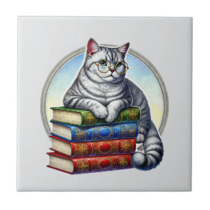 Azulejo De Cerâmica Cantinho de leitura de gato fofo biblioteca amante