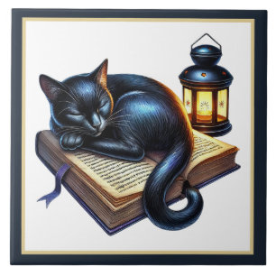 Azulejo De Cerâmica Cantinho de leitura de gato fofo biblioteca amante