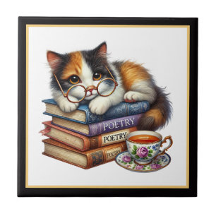 Azulejo De Cerâmica Cantinho de leitura de gato fofo biblioteca amante