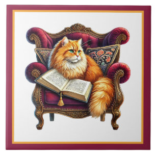 Azulejo De Cerâmica Cantinho de leitura de gato fofo biblioteca amante