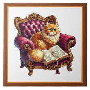 Azulejo De Cerâmica Cantinho de leitura de gato fofo biblioteca amante