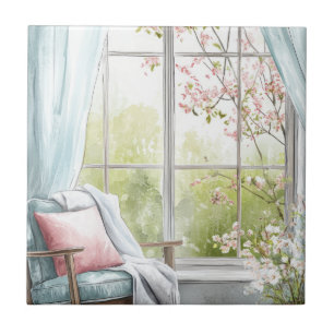 Azulejo De Cerâmica Canto de Leitura Aconchegante em Aquarela com Jane