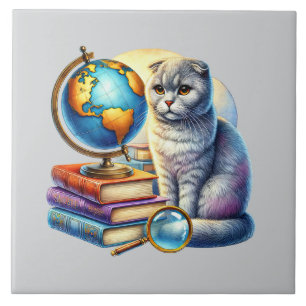 Azulejo De Cerâmica Canto de leitura de gato fofo biblioteca amantes d