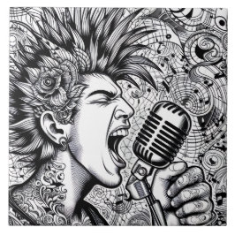 Azulejo De Cerâmica Cantor de Punk Rock Retro Glam Único Preto e Branc