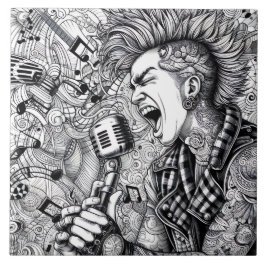 Azulejo De Cerâmica Cantor de Punk Rock Retro Glam Único Preto e Branc