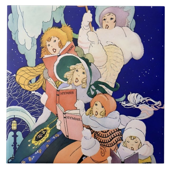 Azulejo De Cerâmica Cantores de Natal Antigos sob as Estrelas  (Frente)