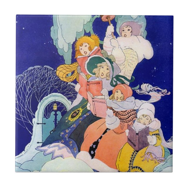 Azulejo De Cerâmica Cantores de Natal Antigos sob as Estrelas (Frente)