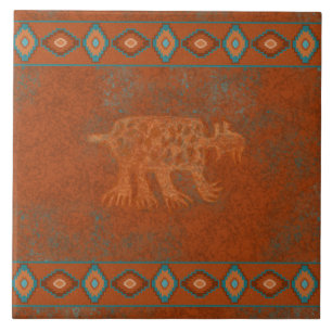Azulejo De Cerâmica Canyons do Sudoeste Petróglifo de Lince Bordered