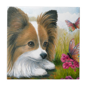 Azulejo De Cerâmica Cão 123 Cão Papillon com Borboletas