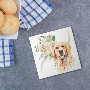 Azulejo De Cerâmica Cão Buquê de Retriever Ouro Rosa Branco