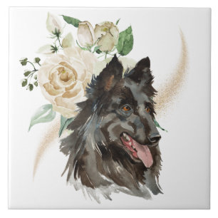 Azulejo De Cerâmica Cão-Buquê-Rosa Branco-Tervuren-belga