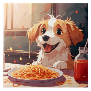 Azulejo De Cerâmica Cão comendo espaguete