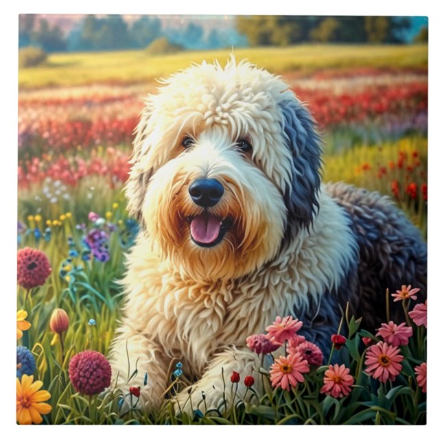 Azulejo De Cerâmica Cão de Pastoreio Inglês Antigo (Frente)