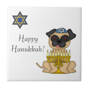 Azulejo De Cerâmica Cão do Hanukkah-Pug com Menorah