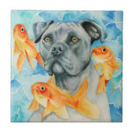 Azulejo De Cerâmica Cão do pitbull do guardião | e aguarela dos peixes<br><div class="desc">Esta é uma pintura da aguarela de um cão do pitbull e de uns peixes dourados alaranjados que flutuam em torno dele. Eu usei pinturas da aguarela de Holbein e de Daniel Smith no papel pressionado quente dos arcos.</div>