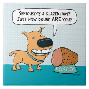 Azulejo De Cerâmica Cão engraçado com presunto vitrificado