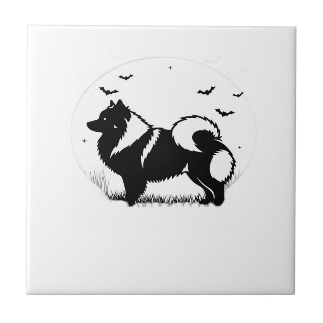 Azulejo De Cerâmica Cão Keeshond � Silhueta Clássica da Lua de Hallowe (Frente)