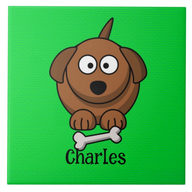 Azulejo De Cerâmica Cão-marrom com osso personalizado em verde (Frente)