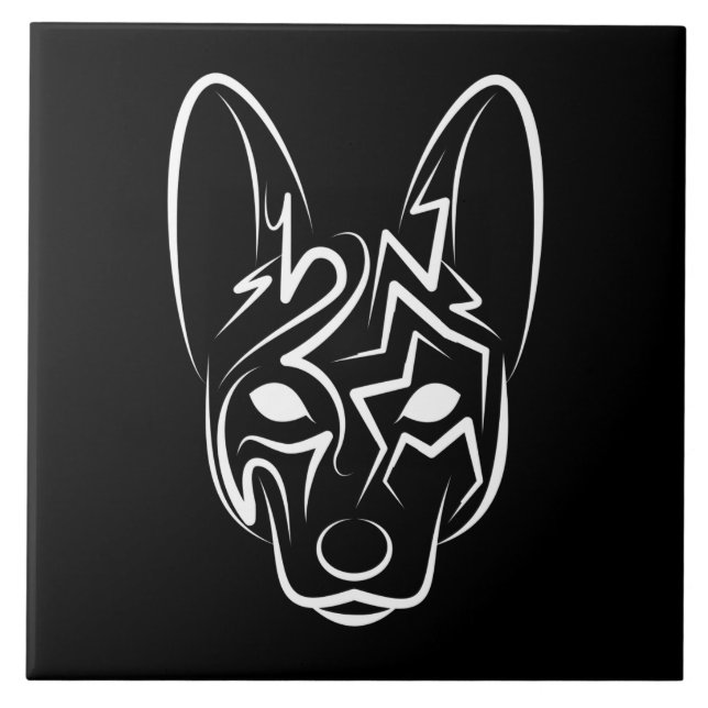 Azulejo De Cerâmica Cão Negro e Tribal Branco (Frente)