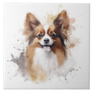 Azulejo De Cerâmica Cão Papillon Marrom e Branco Aquarela