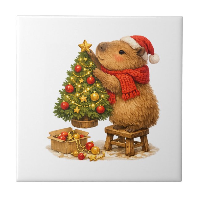Azulejo De Cerâmica Capivara de Natal Decorando a Árvore (Frente)