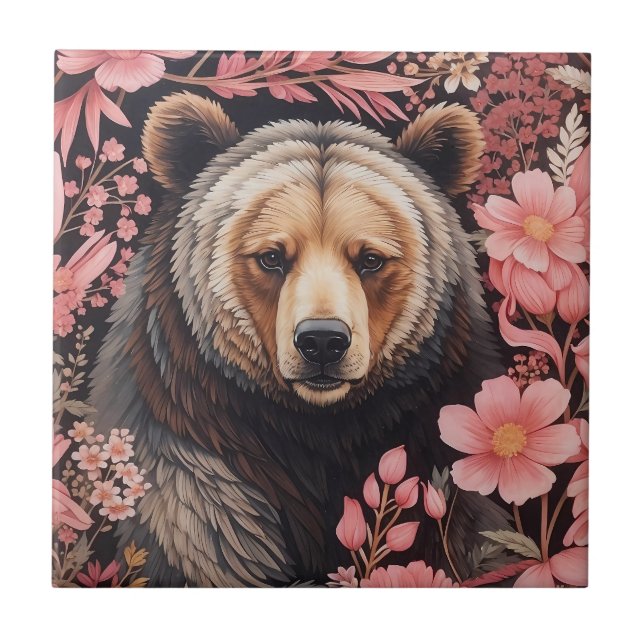 Azulejo De Cerâmica Captivando Flores Rosa Cinzentas De Urso Marrom (Frente)