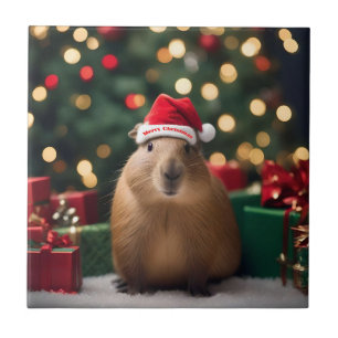Azulejo De Cerâmica "Capybara Claus: Uma Maravilha Festiva Bokeh"