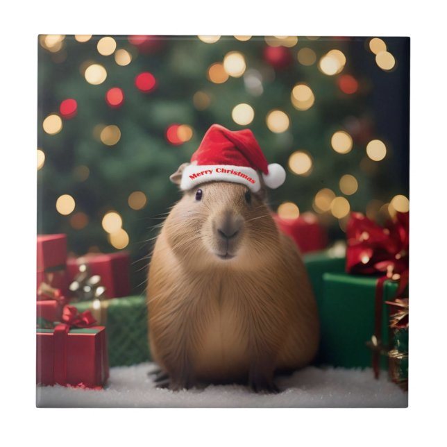 Azulejo De Cerâmica "Capybara Claus: Uma Maravilha Festiva Bokeh" (Frente)